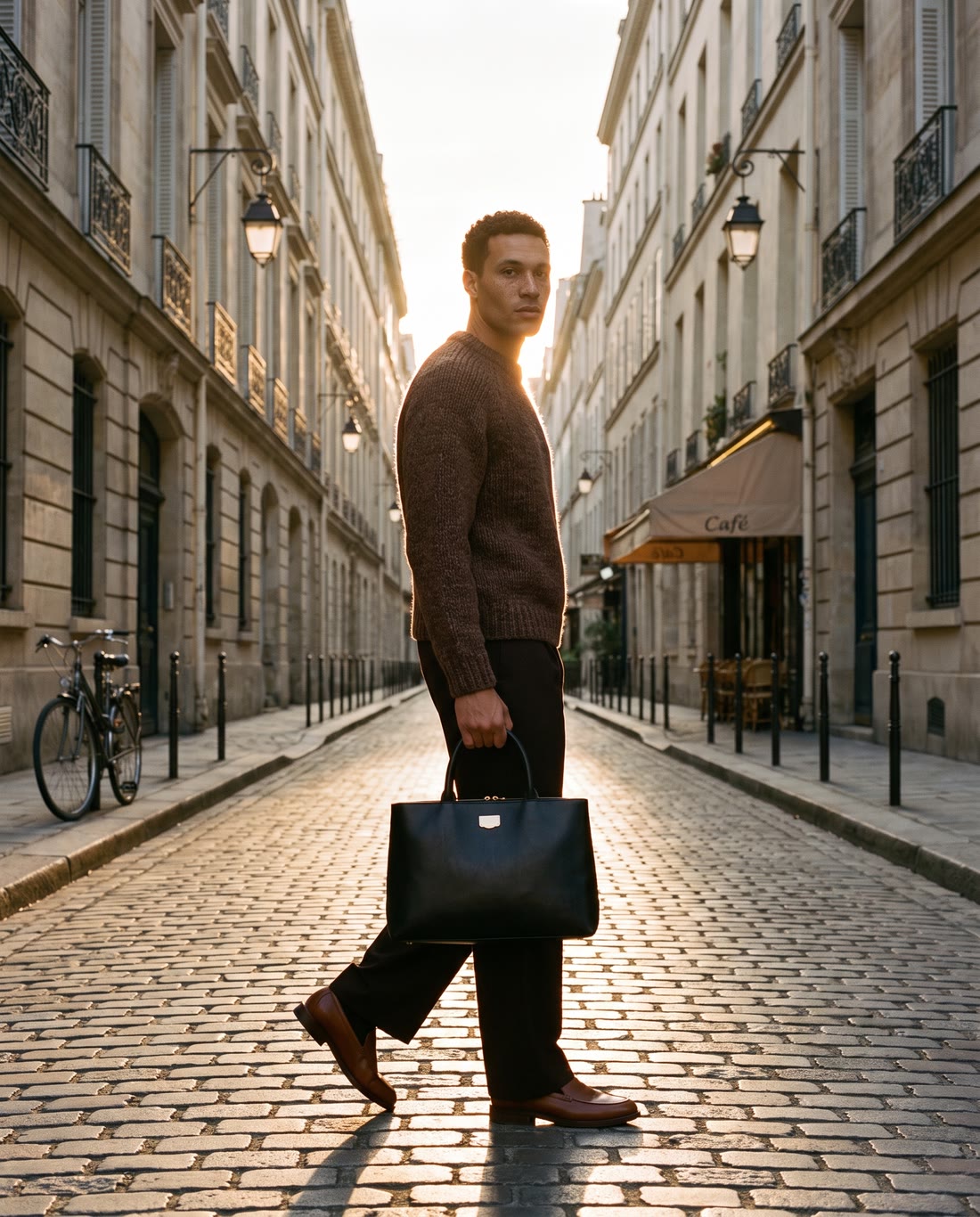 A man walking a narrow street at golden hour carrying a leather bag.