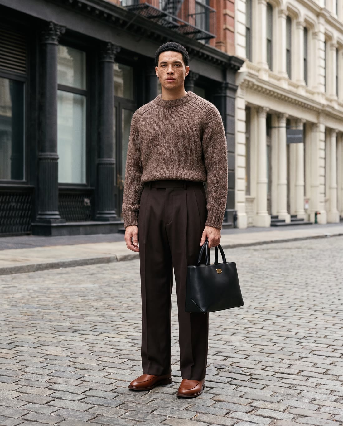 A man in a brown knit sweater standing on a wide cobbled street between cast-iron buildings.